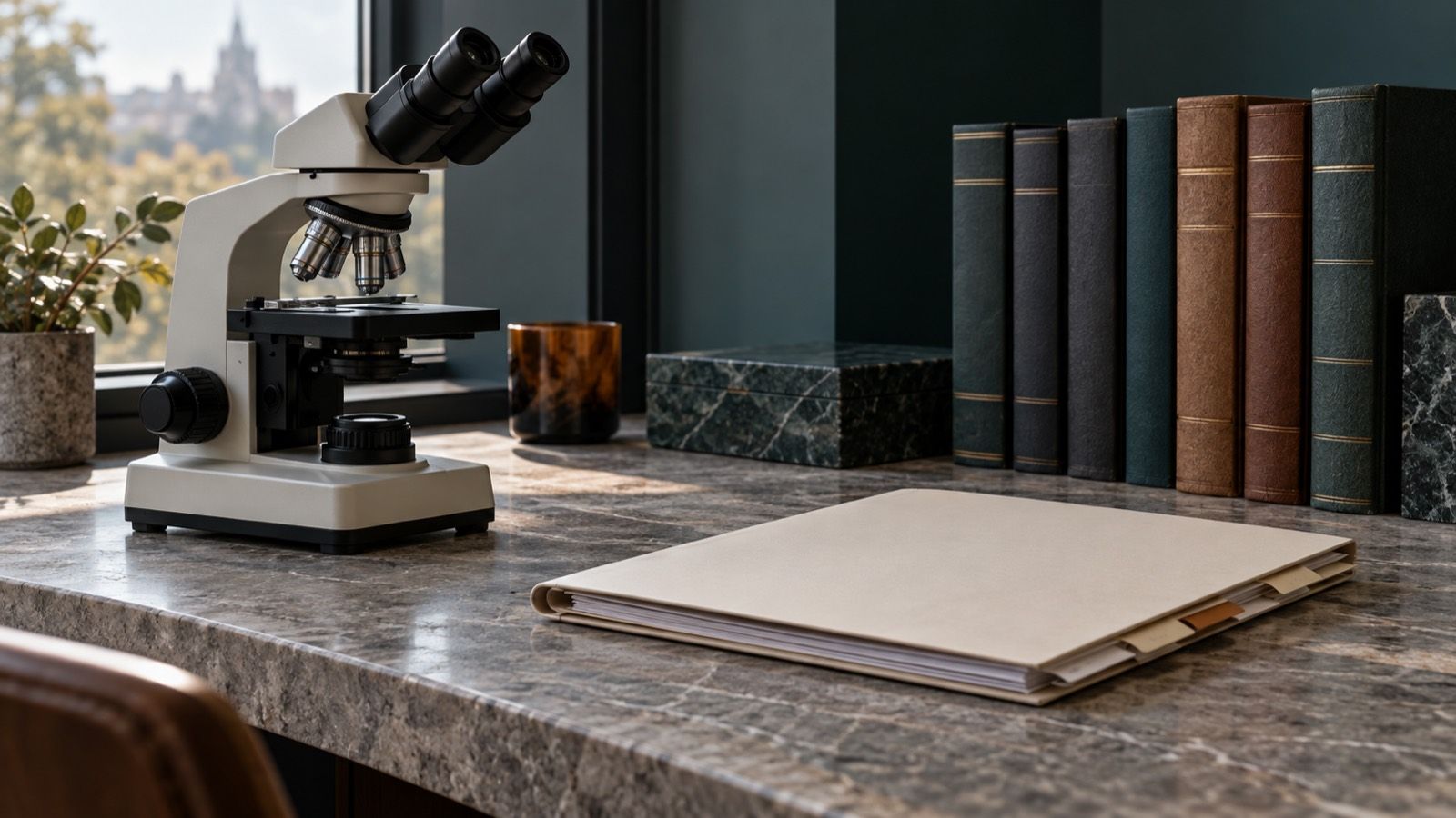 A laboratory microscope beside a blank tabbed folder and a row of plain-spined books on a stone desk in window light