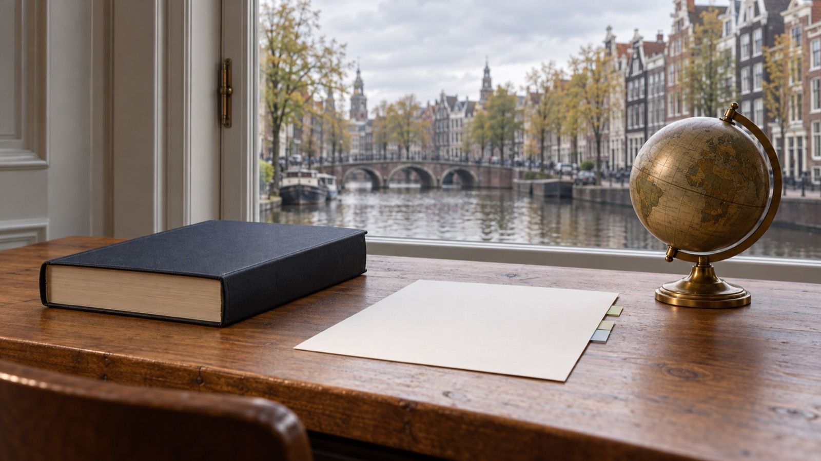 A closed law book, a blank sheet of paper with tabs and an unlabeled brass globe on a wooden desk in front of a window over an Amsterdam canal