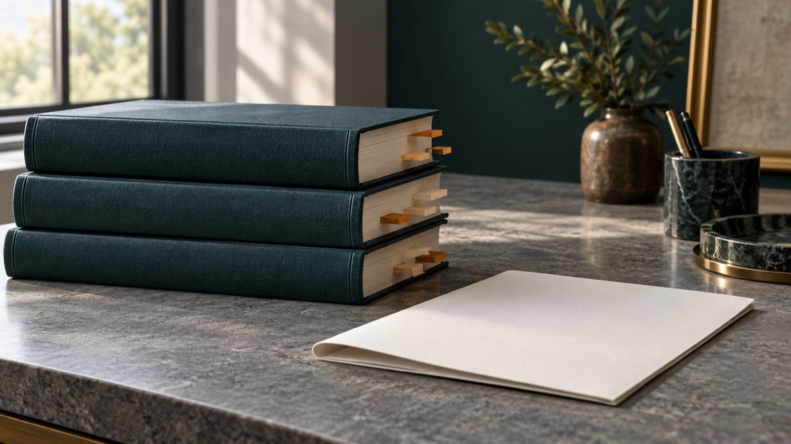 A stack of plain-spined law books with paper tabs beside a blank folder on a stone desk in window light