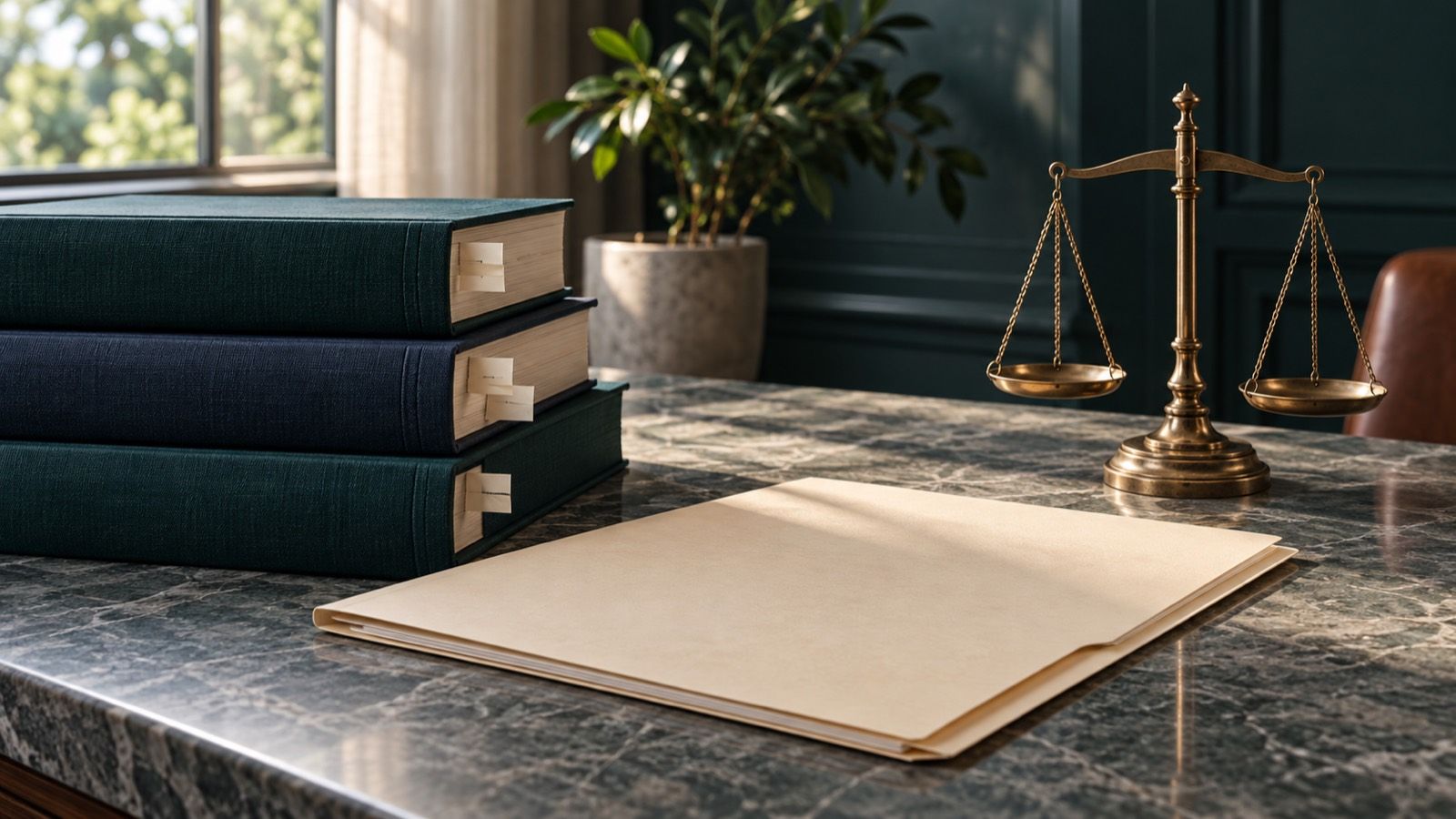 Law books with paper tabs, a blank folder and a small brass scale on a stone desk in window light