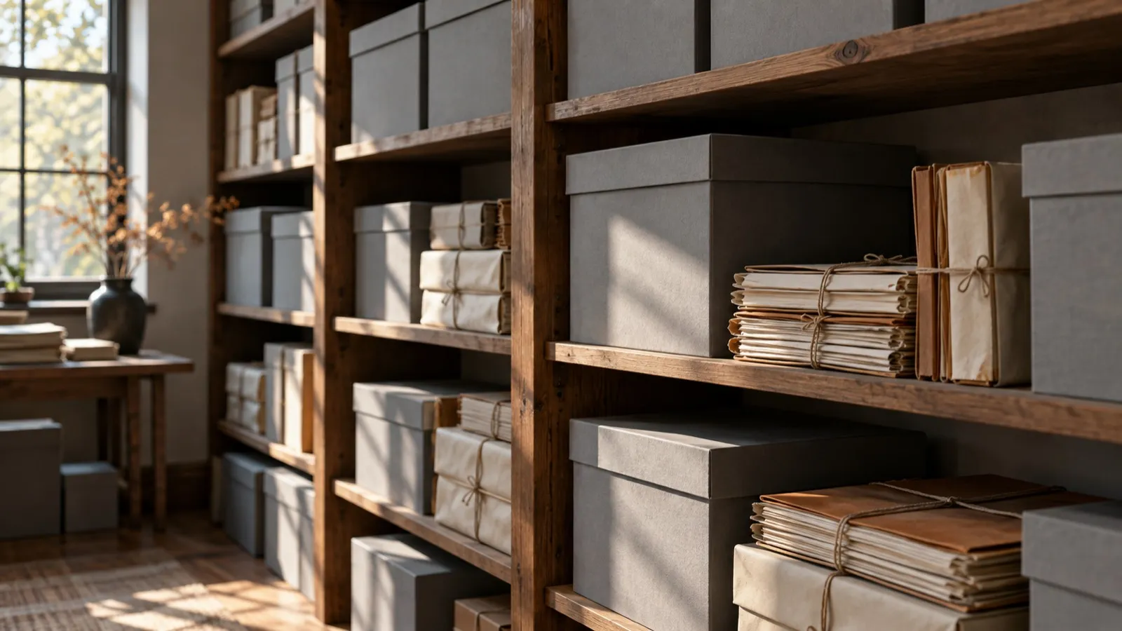 Wooden archive shelves holding plain grey document boxes and bundles of papers tied with string, lit by afternoon sun