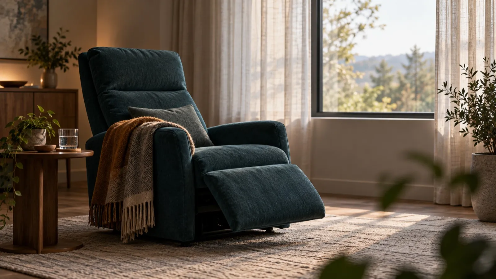 An empty teal reclining armchair with a wool blanket beside a glass of water, in a quiet room with sheer curtains and a window onto trees