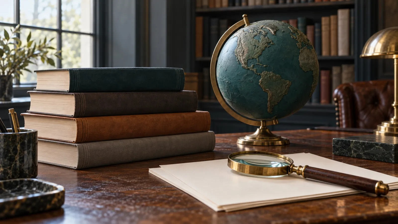A stack of cloth-bound books, a teal relief globe on a brass stand and a magnifying glass on blank paper, on a wooden desk in a library