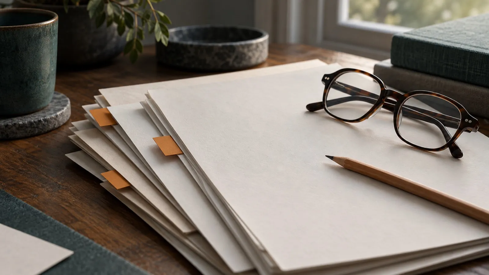 A fanned stack of blank printed pages marked with amber paper tabs, a pencil and tortoiseshell reading glasses on a wooden desk
