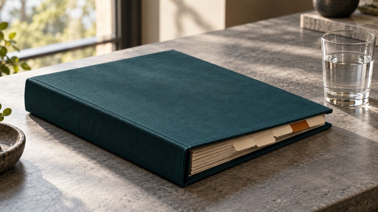 A closed teal binder with paper tabs on a stone desk beside a glass of water in window light